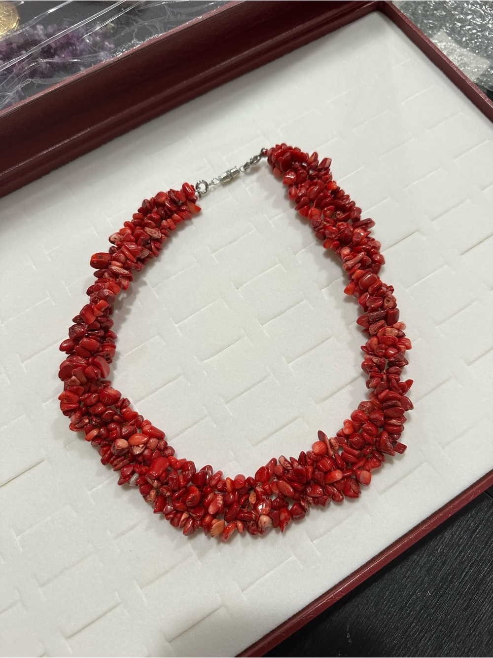 Vintage Natural Red Coral Multi Strand Chip Necklace